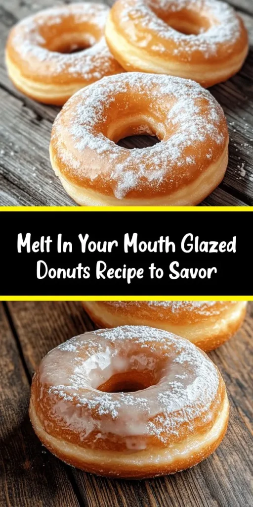 Indulge in the heavenly delight of these Melt In Your Mouth Glazed Donuts! Soft, fluffy, and perfectly sweet, they're made with simple ingredients like flour, sugar, and eggs, then topped with a luscious vanilla glaze. In just 30 minutes, you can whip up a dozen delicious donuts that will impress family and friends. Perfect for breakfast or a sweet treat any time of day. Follow this easy recipe for a delightful baking experience! 🍩✨