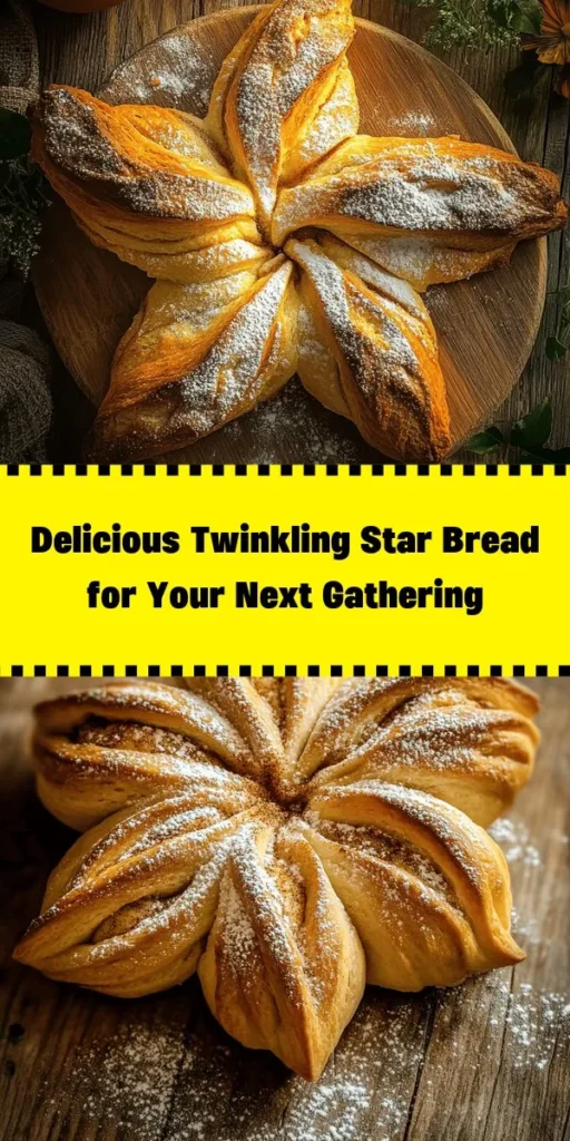 Create a festive treat with this Twinkling Star Bread! This recipe combines simple ingredients like flour, sugar, and cinnamon to create a stunning star-shaped loaf that’s perfect for sharing. Each twist reveals a delicious cinnamon sugar filling, making it a delightful centerpiece for any occasion. It’s easy to make and ideal for brunch or holiday gatherings. Don’t forget to dust it with powdered sugar before serving!