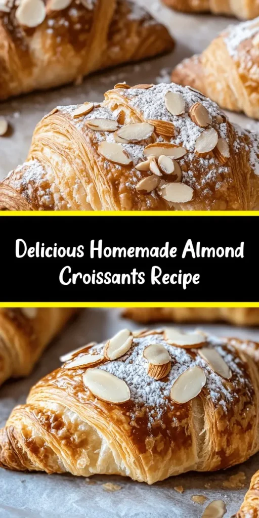 Indulge in the delightful taste of homemade almond croissants with this easy recipe! Starting with pre-made croissants, you'll prepare a creamy almond filling using almond meal, powdered sugar, and almond extract. Bake them to perfection for a golden, crispy treat topped with sliced almonds. Dust with confectioners' sugar for the finishing touch. Perfect for breakfast or an afternoon snack alongside your favorite coffee or tea. Treat yourself today!