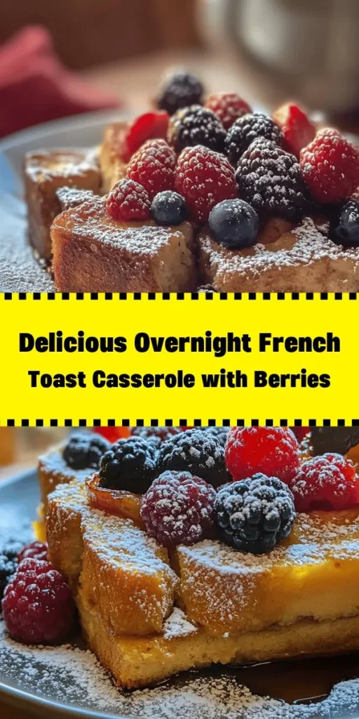 Start your morning off right with this delicious Overnight French Toast Casserole! Made with fluffy challah or brioche, mixed berries, and a rich custard of eggs, milk, and cream, it’s the perfect breakfast for lazy weekend mornings. Simply prep the night before, let it soak, and bake to golden perfection in the morning. Serve warm with maple syrup and a sprinkle of powdered sugar for a delightful treat that will impress your family and friends. Perfect for brunch or any special occasion!