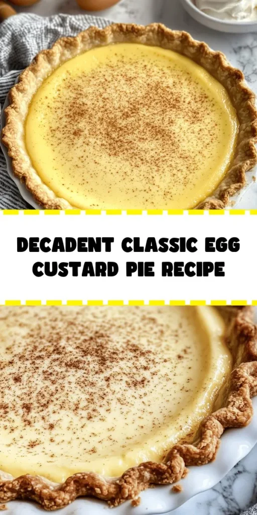 Indulge in the rich and creamy goodness of classic egg custard pie with this simple recipe! With a buttery pre-made pie crust and a dreamy filling made from eggs, sugar, whole milk, and a hint of vanilla and nutmeg, this dessert is perfect for any occasion. Bake it to a silky perfection and let it chill for a delightful treat that's both comforting and nostalgic. Serve it up with optional whipped cream for that extra touch!
