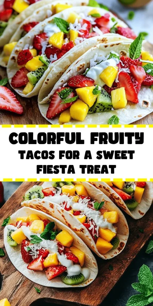 Get ready for a colorful treat with these Fruity Fiesta Tacos! Perfect for breakfast, dessert, or a fun snack, these mini flour tortillas are filled with a vibrant mix of strawberries, mango, kiwi, and pineapple. Drizzle with a creamy yogurt sauce sweetened with honey and a hint of cinnamon for a delicious twist. Garnish with fresh mint and optional shredded coconut for added flair. Quick to make and bursting with flavor, they're sure to brighten your day!