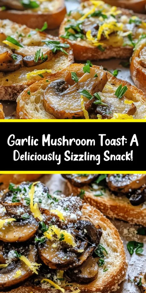 Elevate your appetizer game with this delicious Sizzling Garlic Mushroom Toast recipe! Made with fresh mushrooms, garlic, and a hint of thyme, this dish is bursting with flavor. Simply sauté the mushrooms, toast some rustic bread, and assemble for a stunning presentation. Optional Parmesan adds a creamy twist, while lemon zest and fresh parsley bring brightness to every bite. Perfect for impressing guests or enjoying a cozy night in!