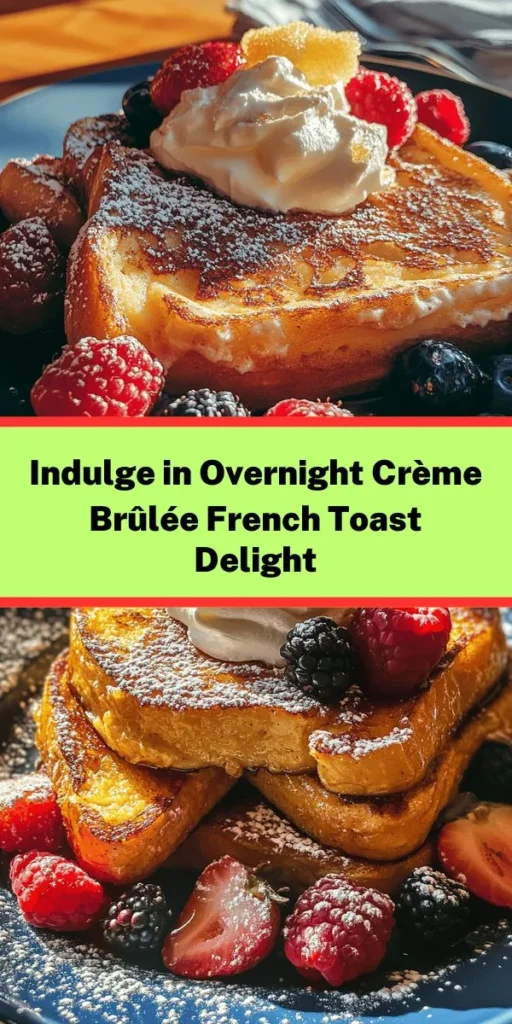Indulge in the ultimate breakfast treat with this Overnight Crème Brûlée French Toast! Made with rich brioche or challah bread soaked in a creamy custard of eggs, heavy cream, and vanilla, this dish is baked to perfection with a caramelized topping that adds a delightful crunch. The best part? It preps the night before, making mornings effortless yet luxurious. Serve warm with fresh berries and whipped cream for a heavenly start to your day!