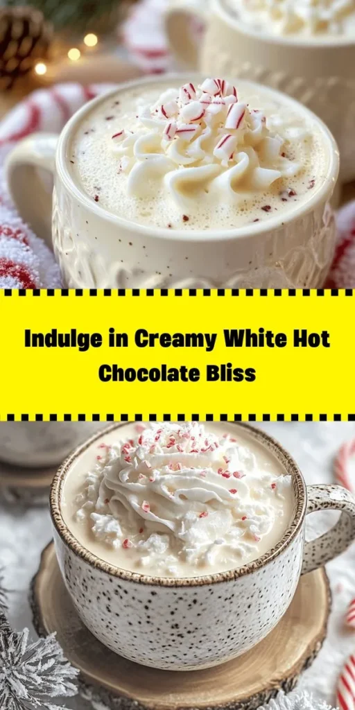 Indulge in a warm cup of Velvety White Hot Chocolate Bliss that will melt your heart! This creamy drink combines whole milk, heavy cream, and rich white chocolate for a decadent treat. Perfect for cozy evenings, it's easy to whip up in just 15 minutes. Top it off with fluffy whipped cream and festive garnishes like white chocolate shavings or crushed candy canes. Get ready to savor this delightful beverage with friends and family!