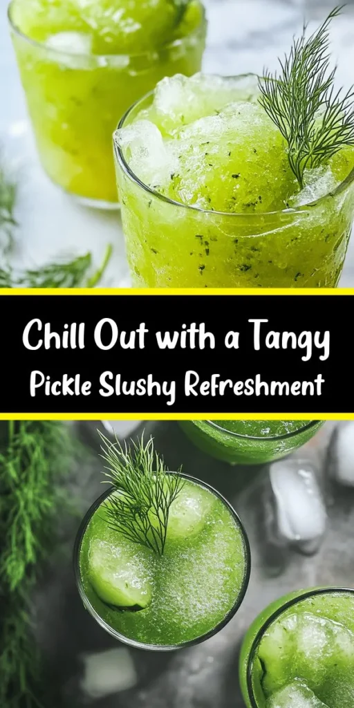 Beat the heat with this refreshing pickle slushy! Made with just a few simple ingredients like dill pickle juice and ice cubes, this unique treat is perfect for those who love bold flavors. Add a splash of lemon juice and a touch of sweetness with honey or agave for a balanced taste. Optional garlic powder enhances the flavor profile, and a sprig of fresh dill makes for a beautiful garnish. Ready in just 5 minutes, this slushy is your new summer obsession!