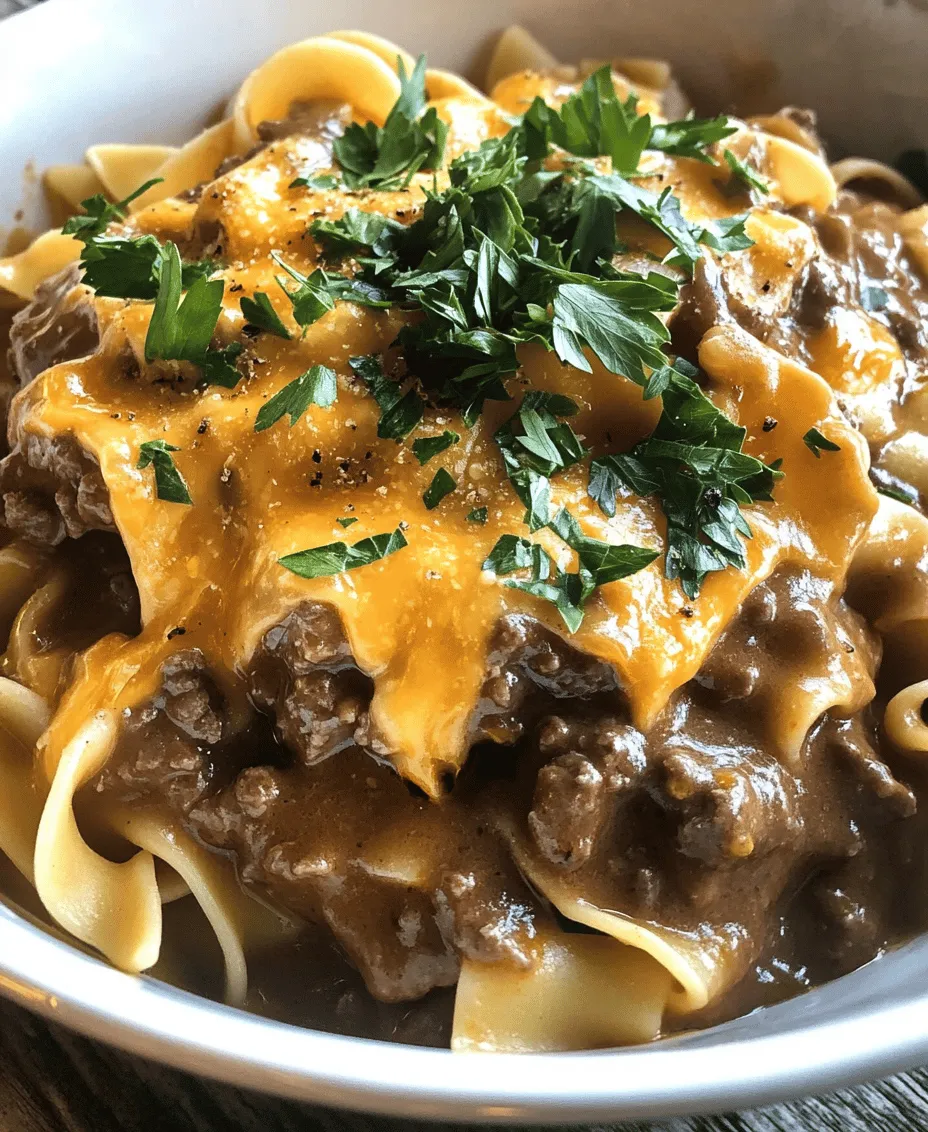 In the realm of comfort food, <strong>Easy Crockpot Cheesy Beef and Noodles</strong> stands out as a quintessential dish that combines rich flavors and simplicity. This recipe is perfect for busy weeknights or lazy weekends, delivering a hearty meal that is both satisfying and easy to prepare. Imagine coming home after a long day to the aromatic scent of a delicious, home-cooked meal waiting for you. Utilizing a crockpot allows for a hands-off cooking process, making it an ideal choice for those who want to enjoy a delicious meal without spending hours in the kitchen.” /></p>
</p>
<h3>Analyzing the Health Aspects of Easy Crockpot Cheesy Beef and Noodles</h3>
</p>
<p>Easy Crockpot Cheesy Beef and Noodles is not only a delicious comfort food but also offers several nutritional benefits worth noting. Understanding the health aspects of this dish can help you appreciate it even more.</p>
</p>
<h4>Protein Content: The Benefits of Ground Beef in Your Diet</h4>
</p>
<p>Ground beef is a primary ingredient in this recipe, and it is an excellent source of protein. Protein plays a crucial role in muscle repair and growth, making it essential for anyone engaged in physical activities. Additionally, protein helps keep you feeling full longer, which can be beneficial for weight management. Ground beef also provides important nutrients such as iron, zinc, and B vitamins, which support various bodily functions, including immune health and energy production. When choosing ground beef for your crockpot dish, opt for leaner cuts to reduce saturated fat content while still enjoying the protein benefits.</p>
</p>
<h4>Nutritional Value of Vegetables: Health Benefits of Onions and Garlic</h4>
</p>
<p>Onions and garlic are not just flavor enhancers; they also contribute significant health benefits to the dish. Onions are rich in antioxidants, particularly quercetin, which has anti-inflammatory properties. They are low in calories and high in nutrients, making them an excellent addition to any meal. Garlic, on the other hand, is known for its immune-boosting properties thanks to its high levels of allicin, a compound with antibacterial and antiviral effects. Incorporating these vegetables into your Easy Crockpot Cheesy Beef and Noodles not only enhances the flavor but also adds nutritional value that supports overall health.</p>
</p>
<h4>Carbohydrates from Egg Noodles: Understanding the Energy Source</h4>
</p>
<p>Egg noodles are the carbohydrate component of this dish, providing a quick source of energy. Carbohydrates are essential as they serve as the primary fuel for your body, particularly for your brain and muscles. The egg noodles used in this recipe add a delightful texture and are also enriched with protein, thanks to the eggs. If you’re concerned about carbohydrate intake, consider the portion sizes, and balance your meal with plenty of vegetables to create a well-rounded dish.</p>
</p>
<h4>Cheese as a Source of Calcium: The Role of Dairy in Nutrition</h4>
</p>
<p>Cheese is a central ingredient in this recipe, providing a rich, creamy texture and flavor. From a nutritional standpoint, cheese is an excellent source of calcium, which is essential for maintaining strong bones and teeth. It also contains protein and various vitamins, including vitamin A and B12. While cheese can be high in saturated fats, moderation is key. Using a variety of cheeses or opting for lower-fat versions can help you enjoy the creamy goodness without overdoing it on calories or fat.</p>
</p>
<h4>Balancing the Dish: Tips on Moderation and Pairing with Vegetables</h4>
</p>
<p>While Easy Crockpot Cheesy Beef and Noodles is satisfying on its own, balancing it with additional vegetables can enhance its nutritional profile. Consider serving the dish with a side salad or steamed vegetables to add fiber and essential vitamins. This approach not only increases the overall health benefits but also adds color and variety to your meal. Remember, moderation is important; enjoy this rich dish while being mindful of portion sizes, especially if you are pairing it with other hearty sides.</p>
</p>
<h3>Serving Suggestions</h3>
</p>
<p>To truly elevate your Easy Crockpot Cheesy Beef and Noodles experience, consider the following serving suggestions.</p>
</p>
<h4>Plating Techniques: Making the Dish Visually Appealing</h4>
</p>
<p>Presentation can significantly enhance your dining experience. When plating your dish, use a large bowl or a shallow plate to allow the noodles and beef to be the stars of the show. You might consider layering the noodles at the bottom and generously spooning the cheesy beef mixture on top. A sprinkle of fresh herbs or a drizzle of olive oil can add a finishing touch, making the dish more visually appealing and inviting.</p>
</p>
<h4>Complementary Side Dishes: Suggestions for Pairing with Salads or Vegetables</h4>
</p>
<p>Pairing your Easy Crockpot Cheesy Beef and Noodles with complementary side dishes can create a well-rounded meal. A crisp green salad, such as a classic Caesar or a mixed greens salad with a light vinaigrette, adds freshness and crunch. Alternatively, roasted or steamed vegetables like broccoli, carrots, or green beans can provide additional nutrients and texture, balancing the richness of the cheesy noodles.</p>
</p>
<h4>Garnishing Ideas: Using Fresh Herbs and Spices to Elevate the Dish</h4>
</p>
<p>Garnishing is a simple yet effective way to enhance the flavor and appearance of your dish. Fresh herbs like parsley, chives, or dill can add a burst of freshness and color. A sprinkle of freshly grated Parmesan or a dash of paprika can provide an extra layer of flavor. If you enjoy a bit of heat, consider adding red pepper flakes or a drizzle of hot sauce to individual servings for those who prefer a spicy kick.</p>
</p>
<h3>Variations and Substitutions</h3>
</p>
<p>One of the great things about Easy Crockpot Cheesy Beef and Noodles is its versatility. Here are some creative twists and substitutions to consider:</p>
</p>
<h4>Using Different Meats: Ground Turkey, Chicken, or Plant-Based Options</h4>
</p>
<p>If you’re looking to switch up the protein, ground turkey or chicken can be excellent alternatives to ground beef. These options are generally leaner and can reduce the overall fat content of the dish. For those following a vegetarian or vegan diet, consider using plant-based meat alternatives made from soy or mushrooms, which provide a similar texture and flavor profile.</p>
</p>
<h4>Alternative Cheeses: Experimenting with Different Types of Cheese</h4>
</p>
<p>While cheddar cheese is a classic choice for this recipe, feel free to experiment with different types of cheese to customize the flavor. Cream cheese can add creaminess, while gouda or mozzarella can provide a unique taste and texture. A combination of cheeses can create a more complex flavor profile, so don’t hesitate to mix and match to find your favorite combination.</p>
</p>
<h4>Gluten-Free Options: Substituting Egg Noodles for Gluten-Free Pasta</h4>
</p>
<p>For those with gluten sensitivities or celiac disease, gluten-free pasta options are widely available and can easily be substituted for egg noodles. Look for chickpea or lentil-based pasta for a protein boost or traditional gluten-free pasta brands that mimic the texture of egg noodles. Just be mindful of the cooking time, as gluten-free pasta may require different cooking times compared to regular noodles.</p>
</p>
<h4>Adding Vegetables: Incorporating Seasonal Veggies for Added Nutrition</h4>
</p>
<p>Boost the nutritional value of your Easy Crockpot Cheesy Beef and Noodles by adding seasonal vegetables. Zucchini, bell peppers, spinach, or mushrooms can be great additions that provide extra vitamins and minerals. Chop the vegetables into bite-sized pieces and add them to the crockpot during the last hour of cooking to ensure they retain some texture and freshness.</p>
</p>
<h3>Conclusion</h3>
</p>
<p>Easy Crockpot Cheesy Beef and Noodles is more than just a meal; it embodies comfort, convenience, and culinary satisfaction. With its straightforward preparation and rich flavors, this recipe stands as a testament to how simple ingredients can come together to create something truly delightful. Whether enjoyed on a busy weeknight or shared with family and friends, this dish is sure to become a staple in your cooking repertoire, providing warmth and comfort with every bite.</p>
</p>
<p>By analyzing its health benefits, serving suggestions, and variations, you can appreciate this dish on multiple levels, making it adaptable to various dietary needs and preferences. So gather your ingredients, fire up the crockpot, and enjoy the delicious results of your culinary efforts!</p>
<div id=