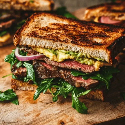 The Grilled Steak & Avocado Sandwich is a culinary delight that effortlessly bridges the gap between casual lunches and sophisticated dinners. It’s a hearty meal option that satisfies cravings while delivering a balance of flavors and textures that is hard to resist. The star of this sandwich is, of course, the grilled steak, which brings a robust, savory flavor to each bite. Paired with the creamy richness of ripe avocado, this sandwich becomes a delightful medley that appeals to both everyday diners and those looking to impress at a gathering.