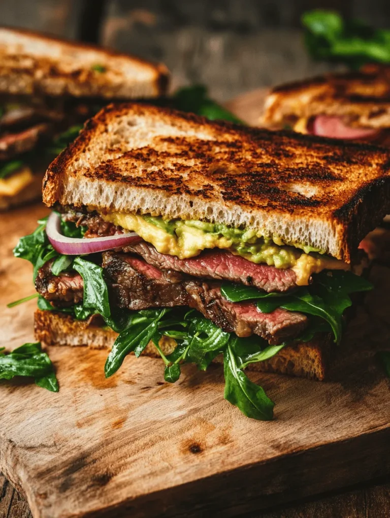The Grilled Steak & Avocado Sandwich is a culinary delight that effortlessly bridges the gap between casual lunches and sophisticated dinners. It’s a hearty meal option that satisfies cravings while delivering a balance of flavors and textures that is hard to resist. The star of this sandwich is, of course, the grilled steak, which brings a robust, savory flavor to each bite. Paired with the creamy richness of ripe avocado, this sandwich becomes a delightful medley that appeals to both everyday diners and those looking to impress at a gathering.