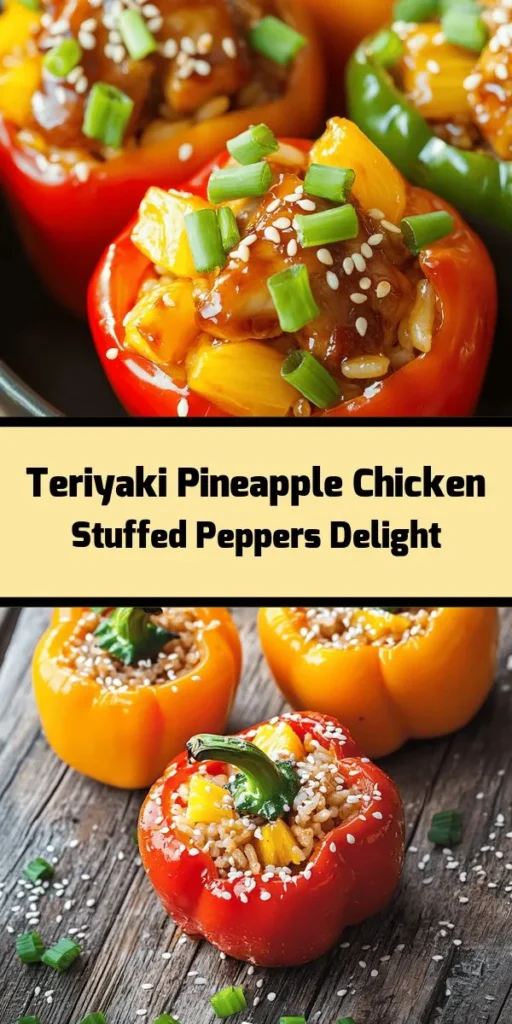 Elevate your dinner game with these delicious Teriyaki Pineapple Chicken & Rice Stuffed Peppers! Bursting with flavors, these vibrant bell peppers are packed with a savory mixture of seasoned chicken, aromatic jasmine rice, fresh pineapple, and zesty teriyaki sauce. Baked to perfection and garnished with green onions and sesame seeds, they make for a colorful, healthy meal the whole family will love! Perfect for weeknight dinners or meal prep!