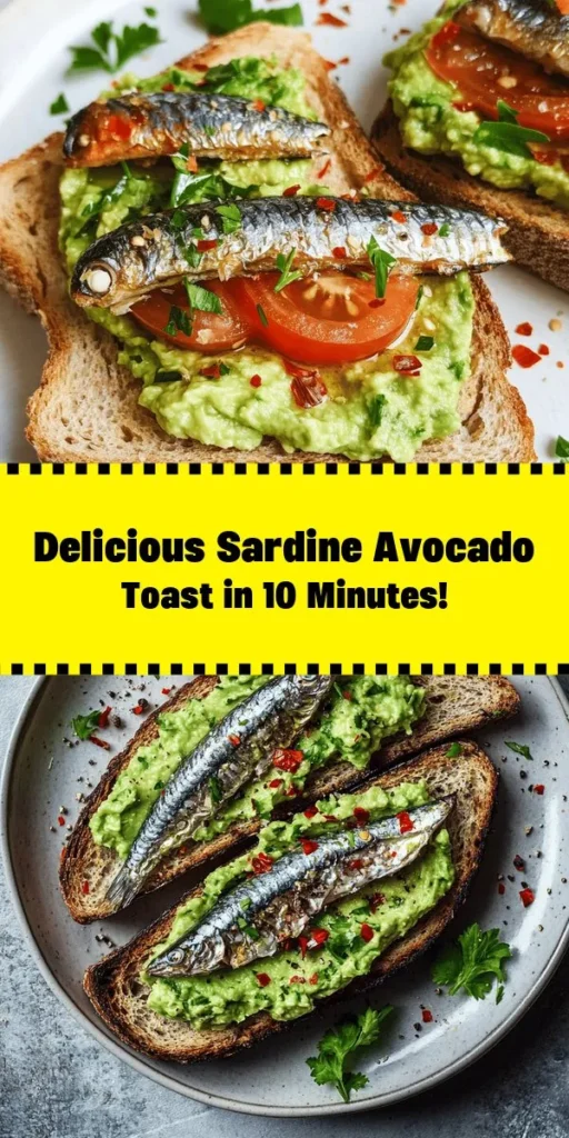 Elevate your snack game with this quick and nutritious Sardines on Whole Grain Toast recipe! Perfect for a light meal or an energizing breakfast, this dish combines the richness of wild-caught sardines with creamy avocado and the crunch of whole grain bread. Made in just 10 minutes, it's packed with flavor and nutrients. Top with fresh parsley, ripe tomatoes, and a hint of red pepper flakes for an extra zing. Enjoy a healthy treat that's simple and delicious!