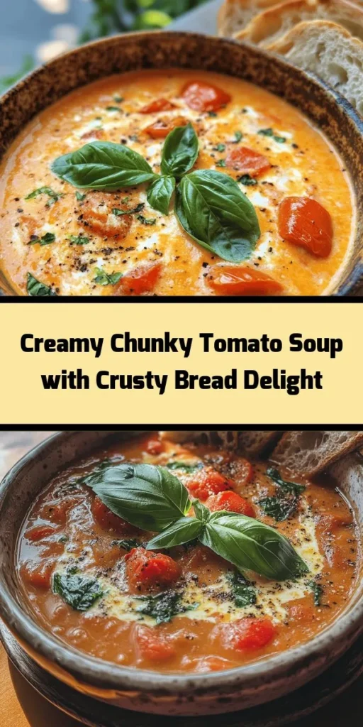 Warm up with this delicious creamy chunky tomato soup that's perfect for any day! Made with fresh veggies, crushed tomatoes, and a swirl of heavy cream, this comforting dish is packed with flavor and texture. The combination of garlic, thyme, and basil elevates your classic tomato soup experience. Serve it hot with fresh basil on top and crusty bread for a delightful meal. Easy to make and heartwarming, it's sure to become a family favorite!