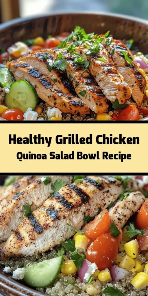 Discover a healthy and delicious meal with this Grilled Chicken and Quinoa Salad Bowl. Packed with protein from juicy grilled chicken and nutritious quinoa, this dish is perfect for a satisfying lunch or dinner. Fresh veggies like bell peppers and cucumbers add crunch, while a zesty dressing ties it all together. Garnish with feta cheese for an extra touch! Easy to prepare and full of flavor, this salad bowl is sure to impress. Perfect for meal prep too! Enjoy!
