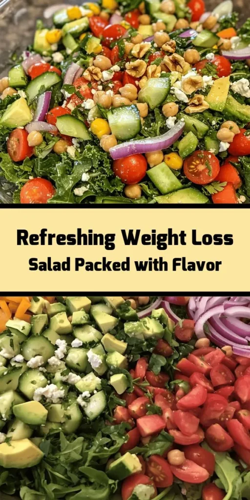 Discover the ultimate weight loss salad recipe that’s as delicious as it is nutritious! Packed with mixed greens, colorful veggies, creamy avocado, and protein-rich chickpeas, this salad is a satisfying meal option. Drizzled with a homemade dressing of olive oil, apple cider vinegar, and Dijon mustard, it’s bursting with flavor. Top it off with feta cheese and walnuts for an extra crunch. Enjoy it fresh or chilled for a refreshing summer dish! Perfect for meal prep or a quick lunch.