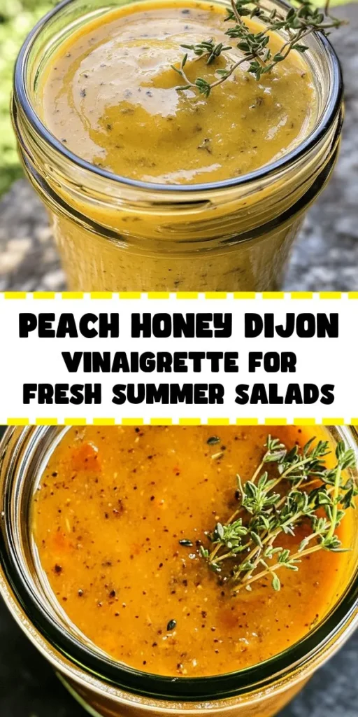 Elevate your salads with this delicious Peach Honey Dijon Balsamic Vinaigrette! Made with fresh peach, honey, Dijon mustard, and balsamic vinegar, it’s a burst of flavor in every bite. This easy recipe takes just 10 minutes to prepare and yields about 1 cup of creamy dressing. Perfect for drizzling over greens or as a marinade, it also offers customizable sweetness and acidity. Shake it up and enjoy a taste of summer in your dishes!