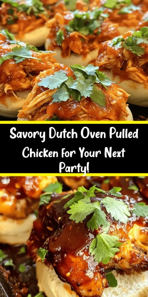 Get ready for a delicious gathering with this Dutch Oven Pulled Chicken Party recipe! Tender, flavorful chicken thighs cooked in a rich BBQ sauce with spices create the perfect filling for slider buns or tortillas. With simple steps like searing, sautéing, and simmering, this dish is both easy to make and sure to impress. Don't forget to garnish with fresh cilantro for an extra pop! Perfect for parties or cozy dinners, your guests will love it!