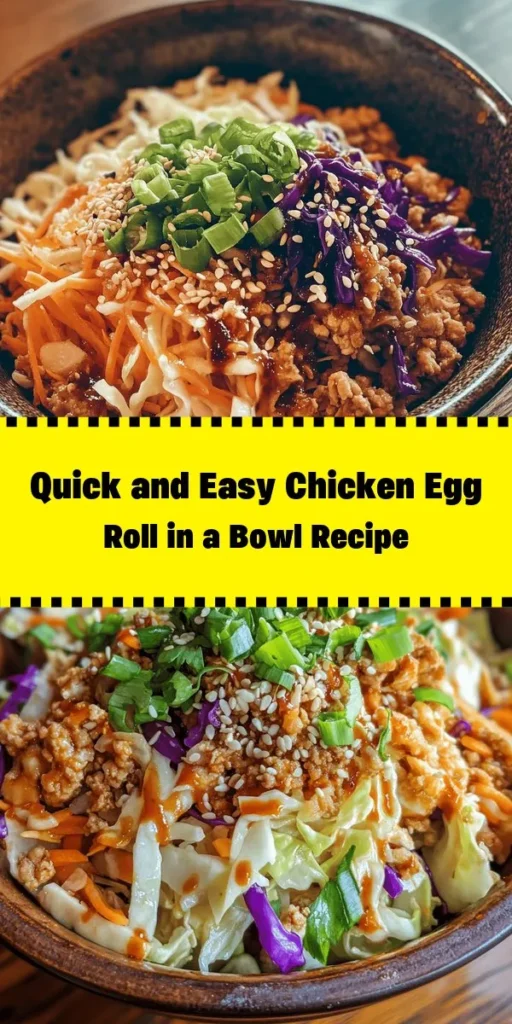Looking for a quick and delicious meal? Try this Egg Roll in a Bowl with Chicken! This easy recipe features ground chicken, crisp coleslaw mix, and aromatic garlic and ginger, all sautéed in sesame oil and seasoned with soy sauce and rice vinegar. In just 25 minutes, you can serve up a healthy dish that’s packed with flavor. Perfect for busy weeknights or meal prep. Top with sesame seeds and cilantro for an extra touch! Enjoy!