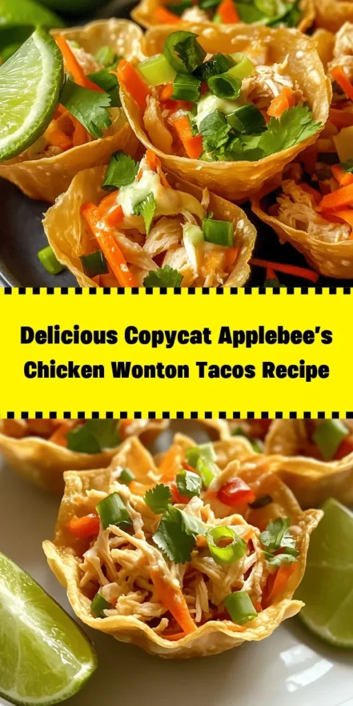 Create a delightful evening with these Copycat Applebee's Chicken Wonton Tacos! This easy recipe combines tender shredded chicken with vibrant veggies and creamy filling, all nestled in crispy wonton cups. Perfect for a fun appetizer or a delicious snack, they come together quickly and are bursting with flavor. Serve them with a squeeze of lime for that extra zing. Your family and friends will love this tasty twist on a classic!