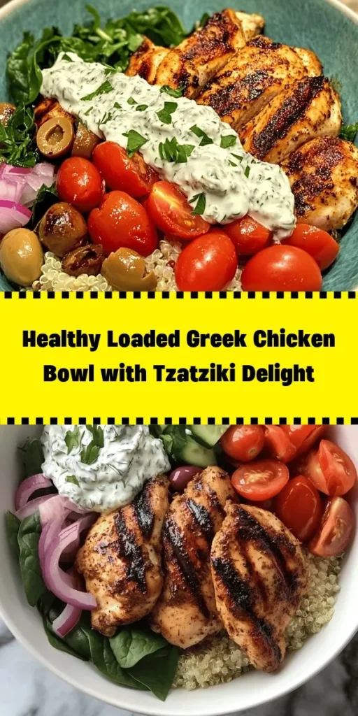 Dive into this delicious Loaded Greek Chicken Bowl featuring tender marinated chicken thighs and a creamy dairy-free tzatziki sauce! Perfectly paired with quinoa or brown rice, fresh veggies, and optional feta cheese, this vibrant bowl is a healthy and flavorful meal that's easy to make. Ideal for meal prep or a satisfying dinner, it's bursting with Mediterranean flavors. Get ready to tantalize your taste buds with each bite!