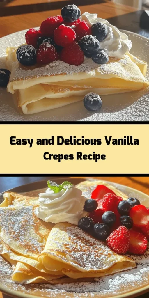 Treat yourself to these delightful vanilla crepes that are perfect for breakfast or brunch! Made with simple ingredients like flour, eggs, and milk, this recipe is easy to follow and results in tender, flavorful crepes. After resting the batter, just pour and swirl to create a delicate masterpiece. Top them with fresh berries, whipped cream, or syrup for a delicious finish. Enjoy a delightful experience that’s sure to impress your family and friends!