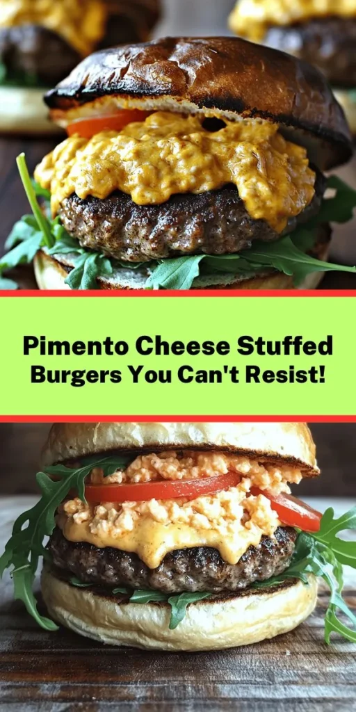 Elevate your summer BBQ with these mouthwatering Pimento Cheese-Infused Burgers! Juicy beef patties are stuffed with creamy pimento cheese and topped with sharp cheddar, fresh arugula, and delicious tomato slices. This simple recipe combines classic flavors with a cheesy twist, perfect for grilling enthusiasts. Ready in just 30 minutes, these burgers are bound to impress your family and friends. Don't forget to serve with fries or a salad for the ultimate meal!