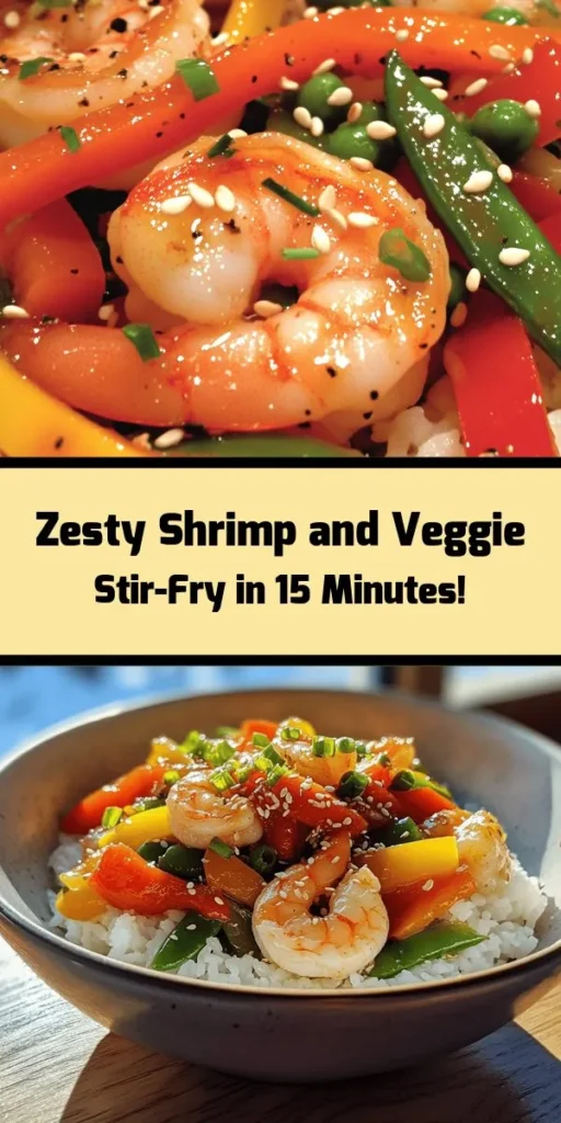 Quick & Zesty Shrimp and Veggie Stir-Fry is a delicious meal that's ready in just 15 minutes! Packed with succulent shrimp and colorful vegetables like bell peppers, snap peas, and carrots, this dish is both healthy and flavorful. Toss everything in a tasty soy sauce blend and serve it over rice or noodles for a satisfying dinner. Perfect for busy weeknights or when you want a quick, vibrant meal. Don’t forget to garnish with sesame seeds and green onions for extra flair!
