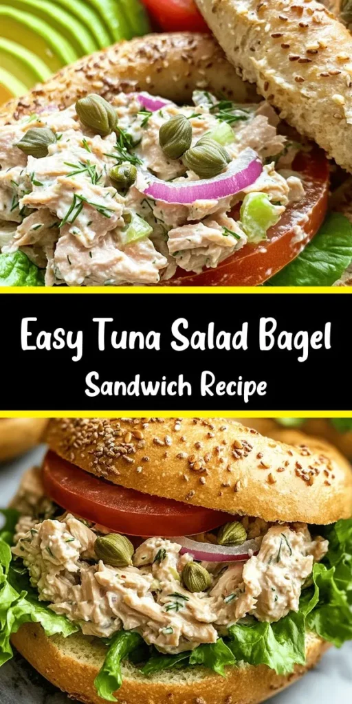 Satisfy your cravings with this easy and tasty Tuna Salad Bagel Sandwich! Packed with protein and flavor, this recipe combines canned tuna, creamy mayo, and zesty Dijon mustard, all mixed with crunchy veggies. Layer it all on toasted whole grain bagels along with fresh romaine and juicy tomatoes for a delicious meal in just 15 minutes. Perfect for lunch or a quick snack, feel free to add avocado or pickles for extra flavor!