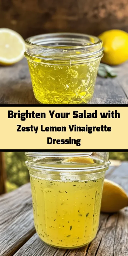 Elevate your salads with this Zesty Lemon Vinaigrette Dressing! Made with fresh lemon juice, extra virgin olive oil, and a hint of Dijon mustard, this dressing adds a bright, tangy flavor to any dish. Just whisk together simple ingredients like honey, garlic, and herbs for a delicious homemade touch. Ready in just 10 minutes, it’s perfect for meal prep or drizzling over roasted veggies. Enjoy a burst of freshness with every bite!