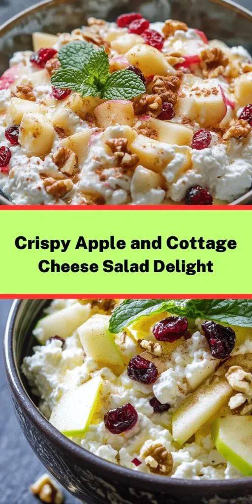 Discover the refreshing Cottage Cheese and Apple Salad that's perfect for a light lunch or a delicious snack! This quick recipe combines creamy cottage cheese, crisp apples, crunchy walnuts, and sweet dried cranberries. A drizzle of honey and a hint of lemon juice add just the right zing, while cinnamon brings warmth. Chill for a bit to intensify the flavors, and garnish with mint for a fresh twist. Healthy, tasty, and ready in just 40 minutes!