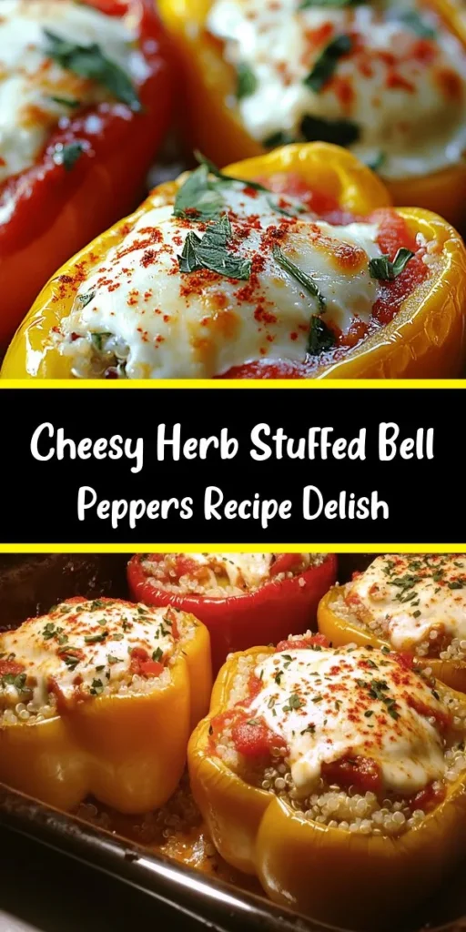 Elevate your dinner with these delicious Herb and Cheese Stuffed Bell Peppers! This colorful dish features large bell peppers filled with a savory mixture of quinoa, ricotta, and mozzarella, all infused with fresh herbs. It's easy to prepare and packed with flavor, making it perfect for any weeknight meal. Top with marinara for an extra kick. With a prep time of just 20 minutes and loads of cheesy goodness, this recipe is a must-try!