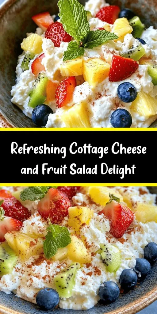 Refresh your day with this delightful Cottage Cheese and Fruit Salad! Bursting with juicy strawberries, sweet pineapple, vibrant kiwi, and blueberries, this easy-to-make dish is perfect for breakfast, a snack, or dessert. Combined with creamy cottage cheese, a drizzle of honey, and a hint of vanilla, it’s a nutritious and satisfying treat. Garnish with fresh mint for added flavor. Chill for 30 minutes and enjoy a refreshing, fruity experience!