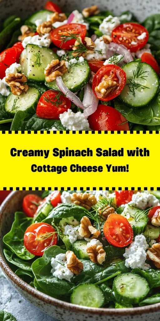 Enjoy a refreshing Creamy Spinach Delight Salad that's perfect for any occasion! Packed with nutritious baby spinach, creamy cottage cheese, and vibrant veggies like cherry tomatoes, cucumber, and red bell pepper, this salad is both healthy and satisfying. Drizzled with a zesty lemon dressing and topped with crunchy walnuts or pecans, it's a flavor explosion in every bite. Perfect as a light lunch or a delightful side dish. Quick to make in just 15 minutes!