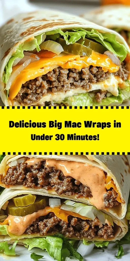 Discover the deliciousness of Big Mac Wraps with this easy-to-follow recipe! Packed with seasoned ground beef, fresh vegetables, and a homemade special sauce, these wraps are a fun twist on the classic Big Mac. Perfect for a quick lunch or a satisfying dinner, they take just 30 minutes to prepare. Customize your wraps with extra cheese and pickles for an even tastier treat. Enjoy them toasted for a crispy finish and serve with extra sauce for dipping!