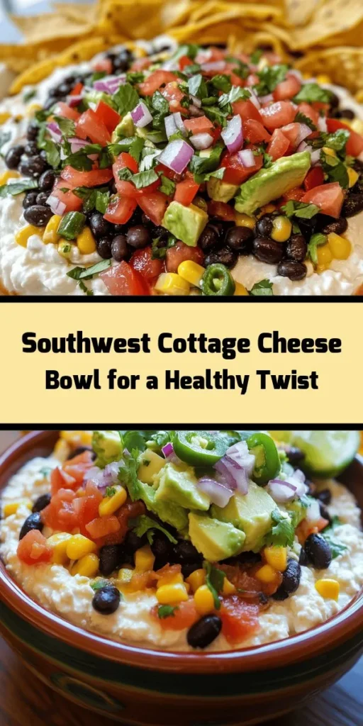 Kickstart your day with this delicious Southwest Cottage Cheese Bowl! Packed with protein and fresh veggies, this quick and easy recipe combines creamy cottage cheese with black beans, corn, avocado, and a zesty lime dressing. Perfect for breakfast or a satisfying snack, it can be enjoyed on its own or served with tortilla chips or whole grain toast for added crunch. Whip it up in just 10 minutes for a nutritious meal that’s bursting with flavor! #HealthyEating #RecipeIdeas