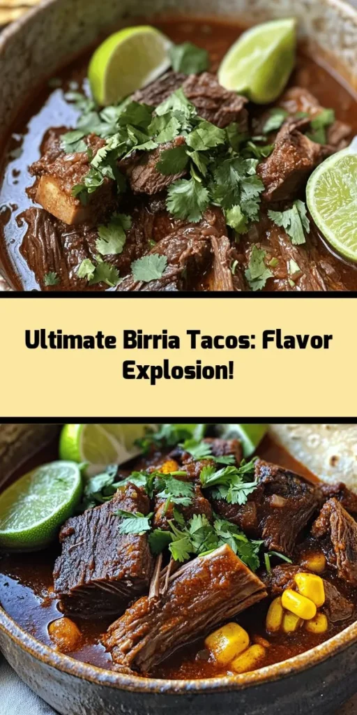 Dive into flavor with this Birria Bliss recipe! Tender beef chuck roast and short ribs simmered in a rich, spicy sauce made from toasted dried chiles and aromatic spices. Perfectly served with warm corn tortillas and fresh cilantro, this dish is ideal for gatherings or cozy dinners. Easy to make, with mouthwatering results, you'll impress your family and friends with every delicious bite. Don’t forget the lime wedges for an extra zing!