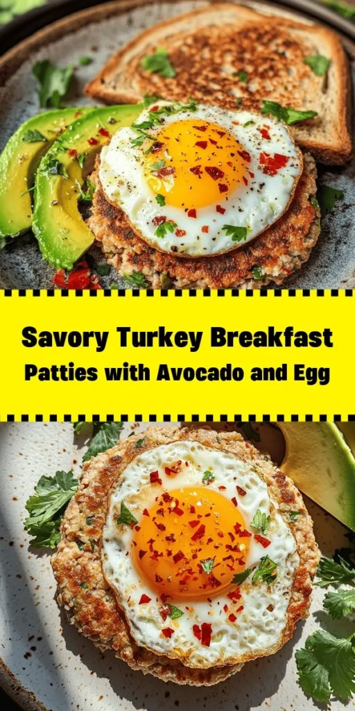 Start your day off right with these savory Turkey Breakfast Patties, perfectly paired with creamy avocado and a sunny-side-up egg. Easy to make, these flavorful patties are packed with ground turkey, Parmesan cheese, and seasonings. Just sear them until golden, top with fresh avocado slices and a runny egg, and garnish for that extra flair. Enjoy a nutritious and satisfying breakfast that will keep you fueled for the day ahead!