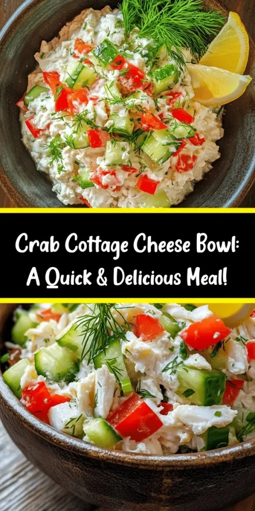 Discover the perfect blend of flavors in this Crab Cottage Cheese Bowl! Packed with protein and bright ingredients, it features creamy cottage cheese, succulent lump crab meat, and a zesty kick from Dijon mustard and fresh dill. Ready in just 15 minutes, this dish is not only easy to prepare but also makes for a refreshing meal or snack. Serve chilled and don't forget to garnish with lemon and extra dill for that added flair! Enjoy it any time of the day.