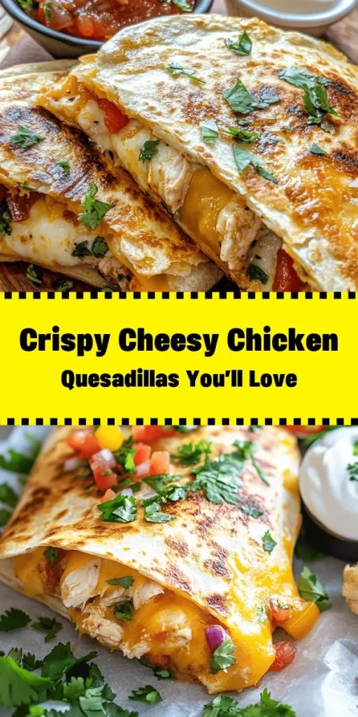 Delight in the crispy goodness of these Cheesy Chicken Quesadillas! Packed with tender shredded chicken, a blend of sharp cheddar and Monterey Jack cheeses, and sautéed bell peppers, this recipe is a crowd-pleaser. Easy to make and ready in just 30 minutes, these quesadillas are perfect for a weeknight meal or a fun party snack. Serve with fresh cilantro, salsa, and sour cream for dipping. Enjoy the cheesy, savory flavors in every bite!