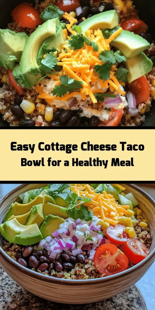Looking for a quick and nutritious meal? Try this Easy Cottage Cheese Taco Bowl! Packed with protein from cottage cheese and black beans, plus the freshness of avocado, cherry tomatoes, and cilantro, it's a delicious option for lunch or dinner. Just mix quinoa or rice with your favorite toppings for a satisfying bowl in just 15 minutes. Add a sprinkle of taco seasoning for an extra kick. Perfect served cold or at room temperature!