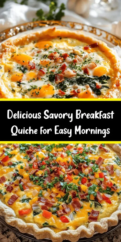 Start your day right with this savory breakfast quiche packed with flavor! Made with a pre-made pie crust, a creamy mixture of eggs, heavy cream, and cheddar cheese, it features vibrant bell peppers, onions, and your choice of crispy bacon or sausage. Easy to prepare and perfect for brunch gatherings, this quiche bakes to golden perfection and makes for a delightful morning treat. Garnish with fresh herbs for an extra touch!
