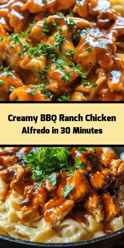 Indulge in this Creamy Cheddar BBQ Ranch Chicken Alfredo that's perfect for dinner! This easy recipe features tender chicken in a rich and creamy sauce made with sharp cheddar cheese and zesty ranch dressing, all tossed with fettuccine pasta. In just 30 minutes, you’ll have a mouthwatering meal ready to serve, drizzled with BBQ sauce and garnished with fresh parsley. This is comfort food at its best—give it a try!