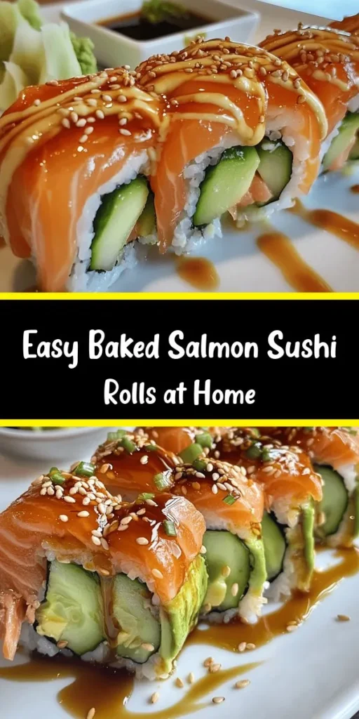 Discover the delightful flavors of homemade baked salmon sushi rolls with this easy recipe. Perfect for sushi lovers, it combines seasoned sushi rice, tender baked salmon, creamy avocado, and crisp cucumber all wrapped in nori. Each bite is a delicious blend of textures and tastes, perfect for sharing at gatherings or enjoying as a special treat. Serve with wasabi and pickled ginger for an authentic experience. Dive into your sushi adventure today!