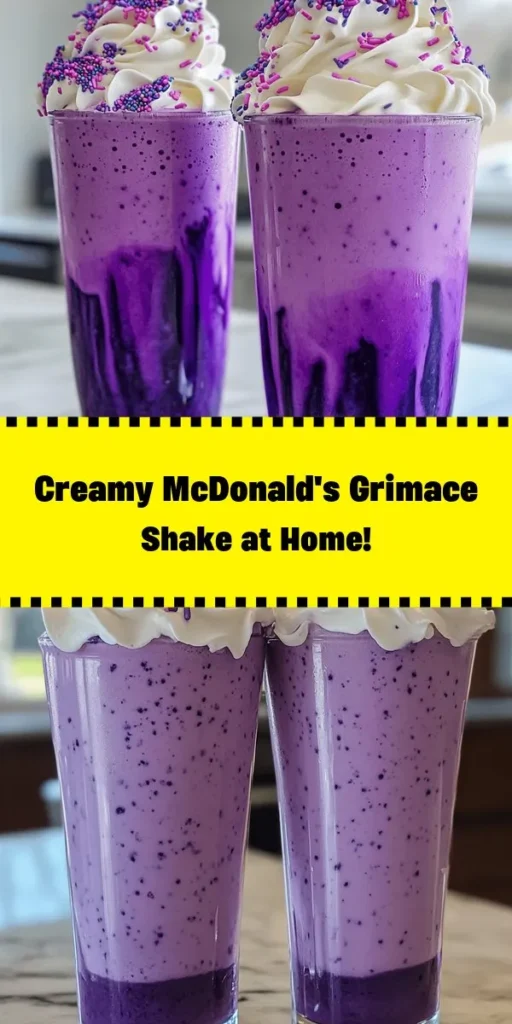 Indulge in the creamy delight of the McDonald's Grimace Shake with this easy recipe! Made with velvety vanilla ice cream, rich whole milk, and a burst of blueberry flavor, it's perfect for a fun treat. Just blend, pour, and top with whipped cream and playful purple sprinkles for a delicious finish. Ready in just 10 minutes, this shake is a whimsical dessert perfect for any occasion. Enjoy this tasty adventure!