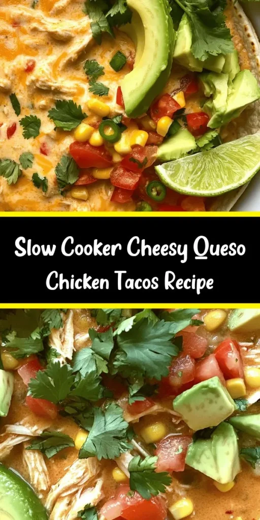 Get ready for a taste explosion with these Cheesy Delight Slow Cooker Queso Chicken Tacos! Perfect for busy days, this set-it-and-forget-it recipe features tender chicken simmered in salsa and taco seasoning, topped with creamy cheese, corn, and black beans. Just shred the chicken, warm up your tortillas, and layer on fresh cilantro and avocado for a fun family meal. Easy to prep and oh-so-flavorful, this dish is sure to become a weeknight favorite!