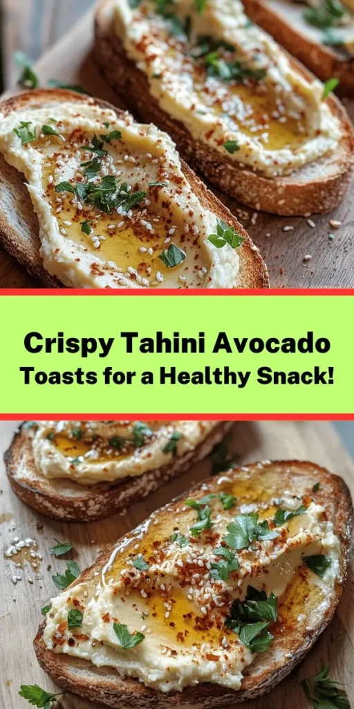 Elevate your snack game with these Crispy Tahini Toasts topped with creamy avocado! Perfect for brunch or a quick bite, this simple recipe combines toasted sourdough with a smooth tahini spread, zesty lemon, and garlic, finished off with a chunky avocado mash. Garnish with sesame seeds and fresh herbs for an extra touch. Ready in just 20 minutes, it's a nutritious and delicious option that’s sure to impress! Try it out today!