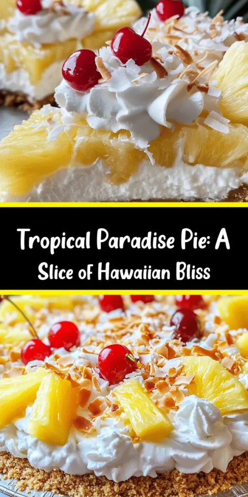 Indulge in a slice of paradise with this Tropical Hawaiian Paradise Pie! This no-bake dessert features a creamy filling made from coconut cream, crushed pineapple, and cream cheese, all nestled in a graham cracker crust. Topped with toasted coconut and chopped macadamia nuts, each bite is a tropical treat. Chill for a few hours, then serve with whipped cream and fresh fruit for the perfect summer dessert. Easy, refreshing, and absolutely delicious!