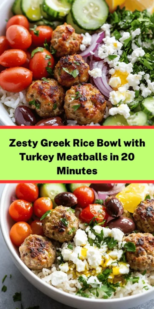 Discover the flavors of the Mediterranean with this quick and zesty Greek Rice Bowl topped with turkey meatballs! This vibrant dish combines fluffy jasmine rice, juicy turkey meatballs, and a refreshing mix of cherry tomatoes, cucumber, red onion, and Kalamata olives. Finished with crumbled feta and a drizzle of olive oil, it’s not just delicious but also healthy and perfect for busy weeknights. Try this 20-minute recipe for a wholesome meal that packs a punch!