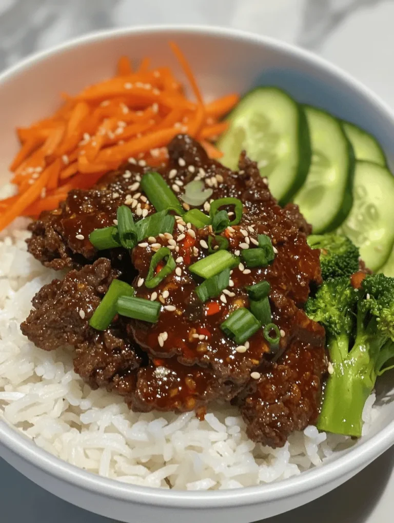 Korean Ground Beef Bowls are not just a meal; they are an experience. With the rich umami flavor of soy sauce, the spicy kick from gochujang, and the nutty aroma of sesame oil, each bite transports you to the bustling streets of Seoul. The beauty of this dish lies in its adaptability; it can be whipped up in under 30 minutes, making it a fantastic choice for busy weeknights or meal prep. Furthermore, the combination of ground beef, fresh vegetables, and rice ensures a well-rounded meal that is both filling and nutritious.