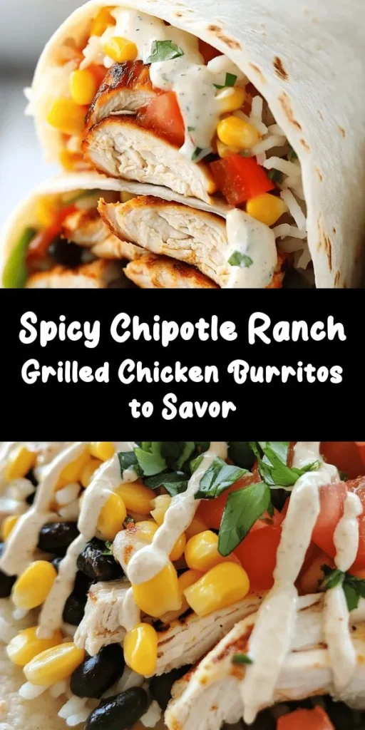 Looking for a flavorful meal? Try these Spicy Chipotle Ranch Grilled Chicken Burritos! Perfect for meal prep or a quick dinner, they’re loaded with marinated grilled chicken, rice, black beans, corn, and topped with a creamy chipotle ranch sauce. Easy to assemble and customizable, these burritos are a crowd-pleaser! With just 15 minutes of prep and a satisfying combination of spices and textures, they're sure to become a family favorite.