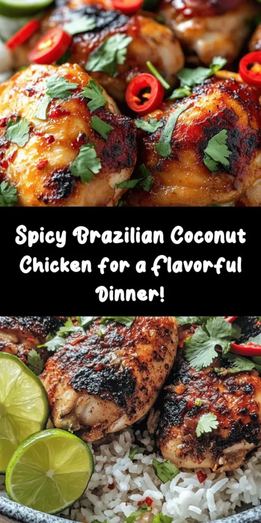 Dive into the vibrant flavors of Brazil with this Spicy Brazilian Coconut Chicken! This dish features tender chicken thighs marinated in zesty lime and spices, cooked in creamy coconut milk with aromatic garlic, ginger, and fresh chilies. Perfectly spiced to your liking, it’s a one-pan wonder that’s ready in just an hour. Serve it over fluffy rice and top with fresh cilantro for an irresistible meal your family will love!